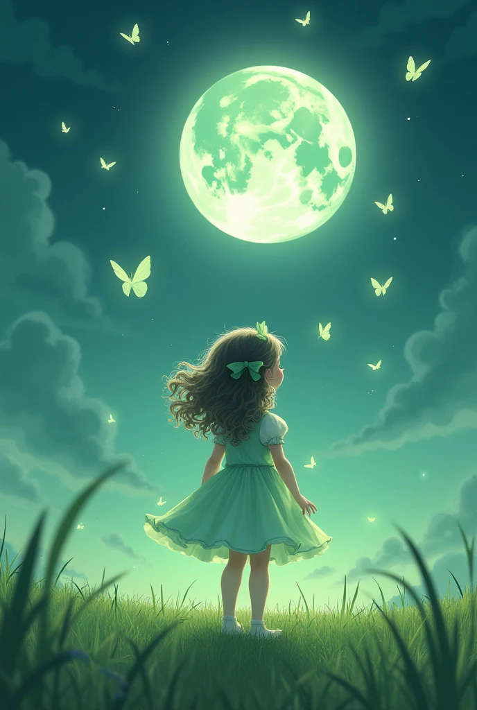 The little girl flew into the distance，In the distance there is a yellow sphere like the moon，Spectacular inside，It has a lush yellow plant，The leaves are small，Countless small yellow stars shine，From the outside, The environment inside looks particularly sparkling，The sight of all this was like a dream in front of the girl's eyes