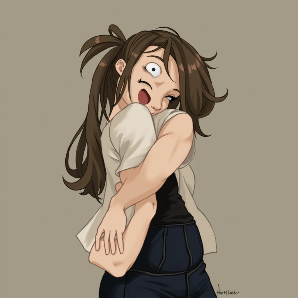Ralph Bakshi Style, Curvy blue eyed girl with long wavy black hair and small breasts, (partial nudity1).5, (extreme nsfw)2.5, (tits hanging out)1.5, lewd