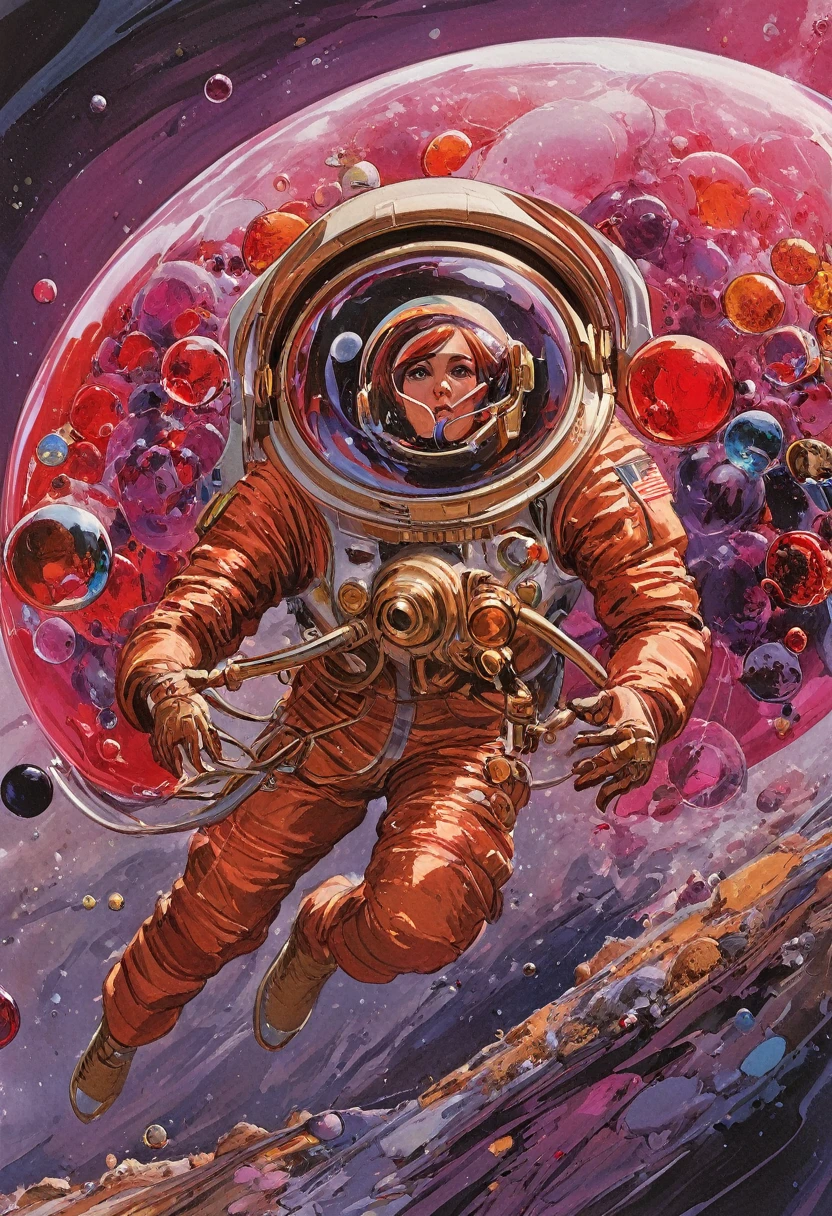 Concept art by Syd Mead, retrofuturistic,
d3qck artstyle
triadic color palleted,
1950s poster of attractive female astronaut,
((space_style:0.6), cosmic outer space theme:1.1), Bubble Mage, Joyful, Dynamic pose, Colorful Mage Robes, Surrounded by magical red bubbles, rainbow, Big Bubbles, Suspended particles, Forms, Transcrustant, Swirling Bubbles, Fascinating, Mysterious Aura, Background bubbles, Sparkling, Shadows with a mysterious atmosphere, Dramatic lighting , Gradient glowing particles
[(detailed:1.2): [ (many small detailed:1.3) : [ (many ultrasmall detailed: 1.2):(非常にdetailedな極小エッジとマイクロレリーフ:1.5):0.7 ]: 0.4 ] :0.2]
