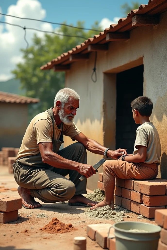 A poor farmer in a village is working in the field, with a tired expression on his face.
In a small, dirty room sits the girl, a simple smile on her face.