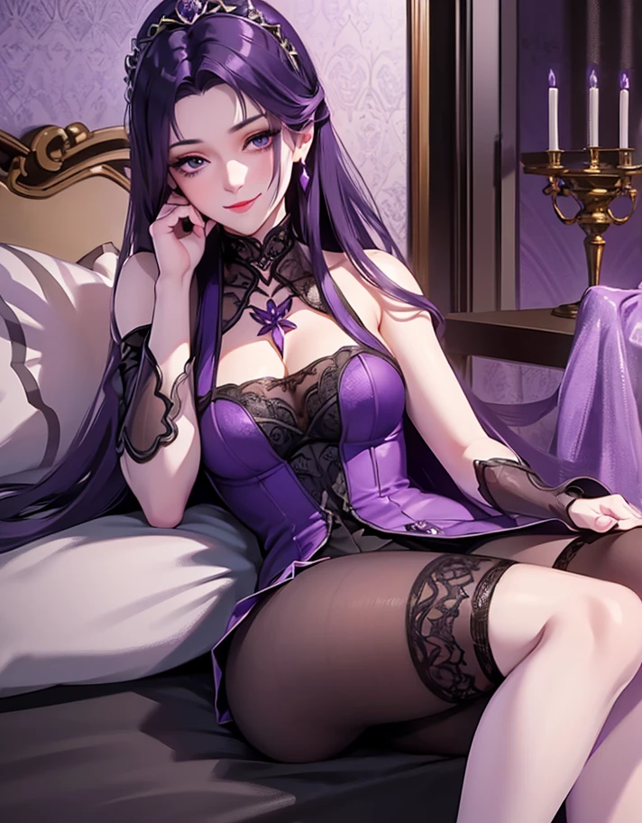 ((best qualityer, sitting down, cross legs)), ((work of art)), (detailded),1 girl, (A vampire), nsfw, violet hair, in this, stockings, mitts, the eyes, super realism, hentai