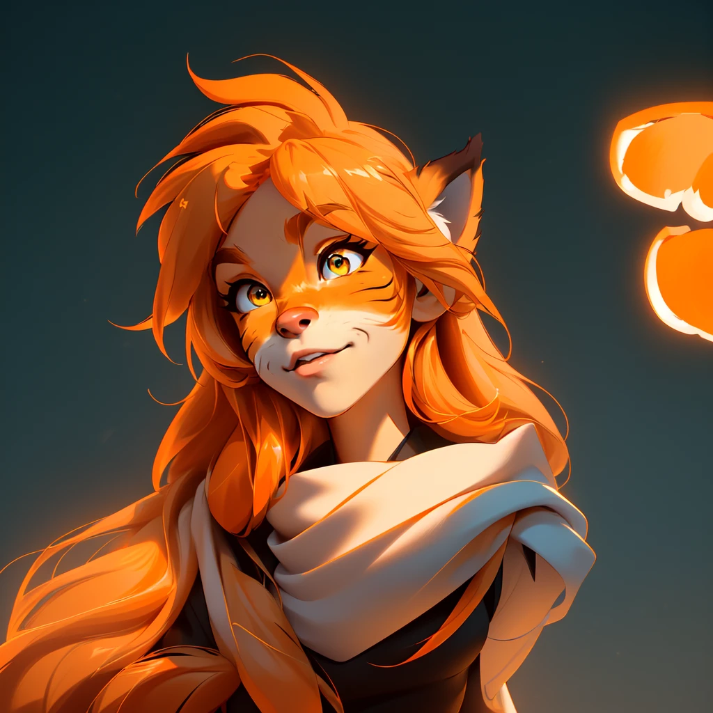 envision a 8k, highres, cinematic, beautiful extreme close up face Pinup of a cute furry female anthro, with a slender muscular body, (((Orange hair))), long bangs, yellow eyes, Orange and White Fur, Black shirt, ((((1 Girl)))), ((Mike Twokinds)), in dark lighting, against a dark gray background