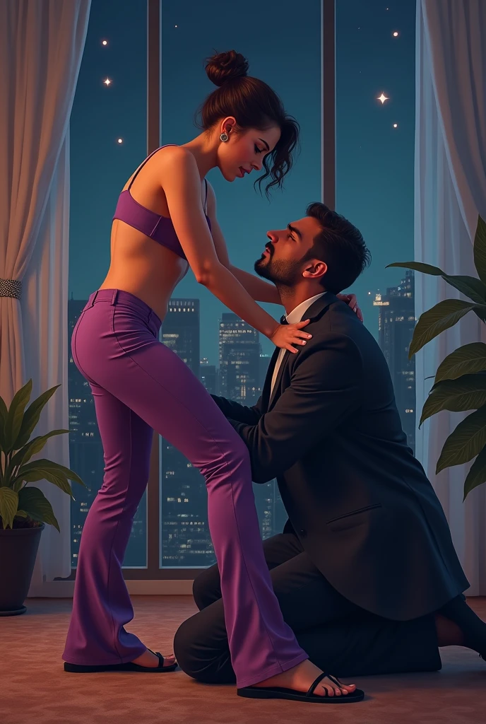 Beautiful woman in bikini and big ass sitting on top of a man ( The man is in a dress shirt grabbing her ass gently) em cama da casal
