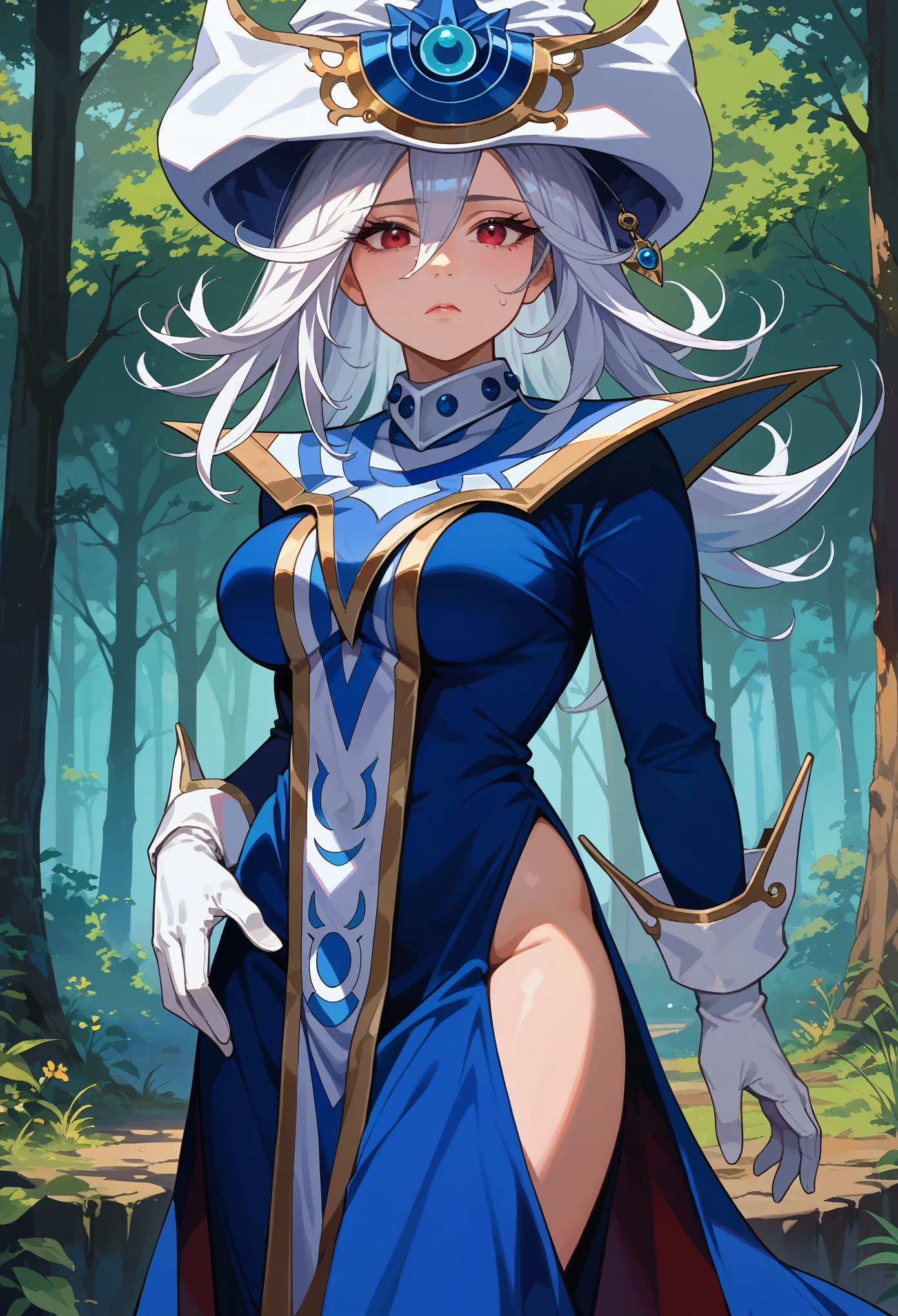 score_9, score_8_up, score_7_up, 1girl, solo, female mature, adult, silentmagician, white hair, red eyes, wizard hat, blue dress, hip vent, long sleeves, white gloves, tabard, pelvic curtain, confused face, standing, magical background, mist, forest