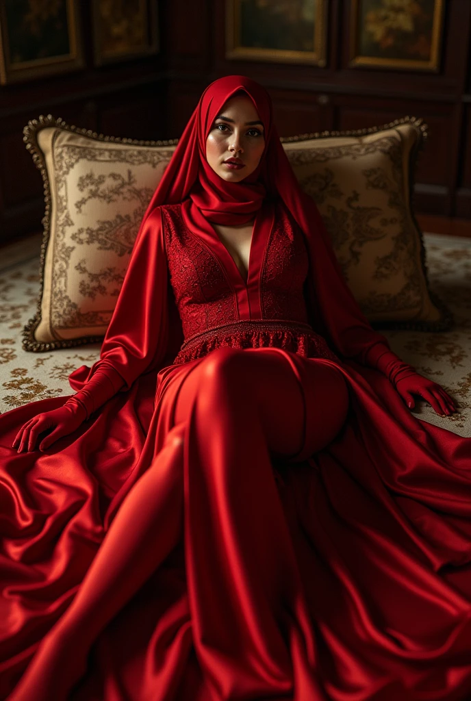 An malay woman in glamorous mermaid evening dress, long ballon sleeve bolero, long satin scarf wrapped around her arms, wear jewellery, wear modern satin hijab, entirety of fabric over dress about 7 meters in length trailing dramatically, glamours style, overlong dress train, extreme detail on the texture of the fabric, wear high heels, sexy random pose in bed room, dramatic lighting, ultra realistic, high-resolution photography.