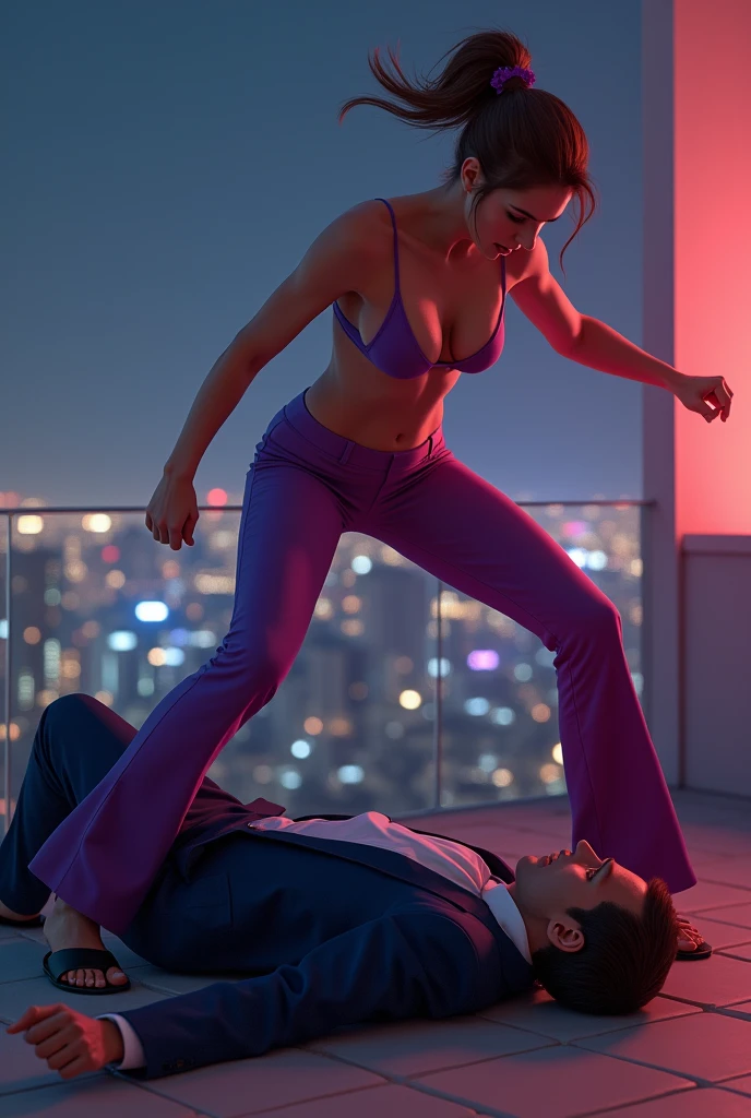 Beautiful Mistress,brown bun hairs, wearing purple boot-cut pants, wearing purple blouse, wearing black home sandals,mistress shouting on man, trampling man's face, man's face trampled by mistress shoe, mistress puts her shoe on man's face,  man's face trampled by mistress shoe,  man lying down under mistress, surrendering against mistress, mistress victory posing on man, femdom, stairs 