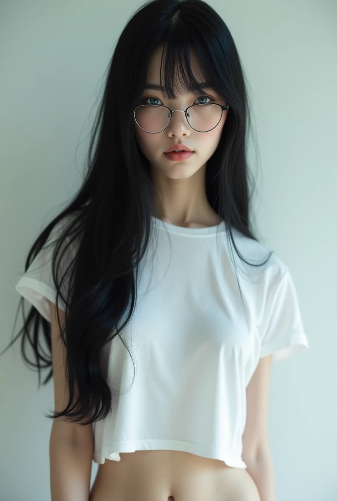 There's a bespectacled woman sitting on the floor with her legs crossed, Ulzzang, wavy long black hair and glasses, With eye Glasses,  coreana, linda mulher coreana jovem, cabelo comprido com franja completa, cruel korean goth girl, longos cabelos brancos e franja, cabelos longos com franja, branco hime corte penteado, Mulher sul-coreana bonita, mulher coreana jovem bonita