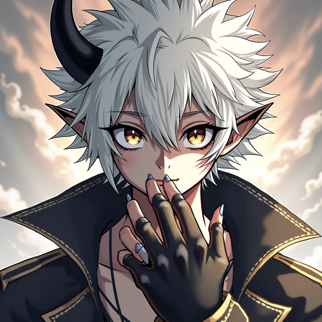 create an image of an 1 half demon man who looks very human and young but with small horns and large black wings With long white hair invoking skeletons and who has an evil smile and with a dark background and aura around him in a current anime style with the image very close to the character 