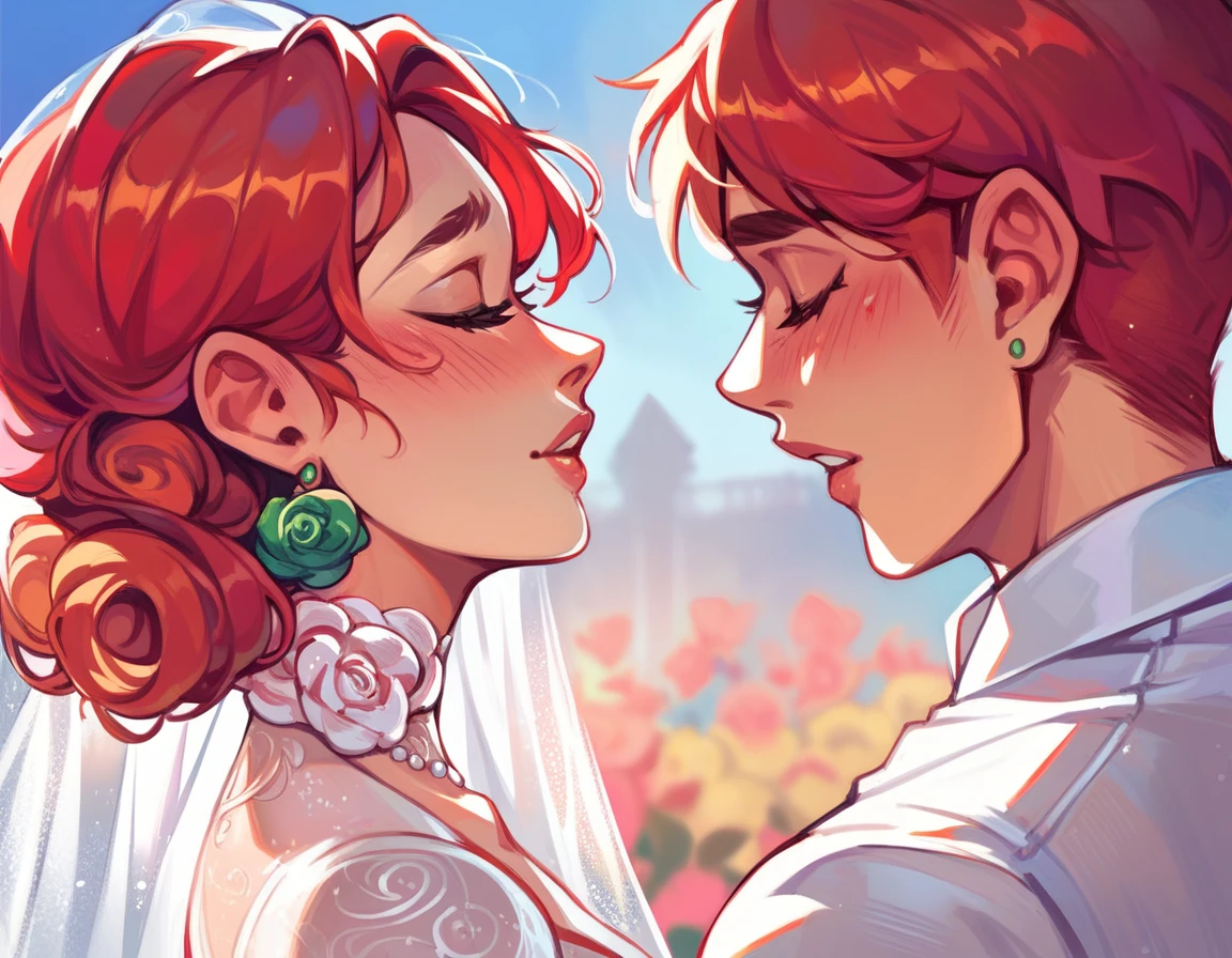 NSPennyStardew, short hair, red hair, curly hair, earrings, blush, smiles, closed eyes, wedding dress, beautiful dress