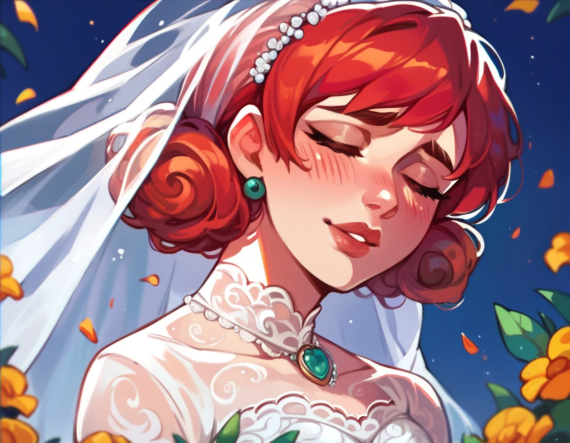 NSPennyStardew, short hair, red hair, curly hair, earrings, blush, smiles, closed eyes, wedding dress, beautiful dress