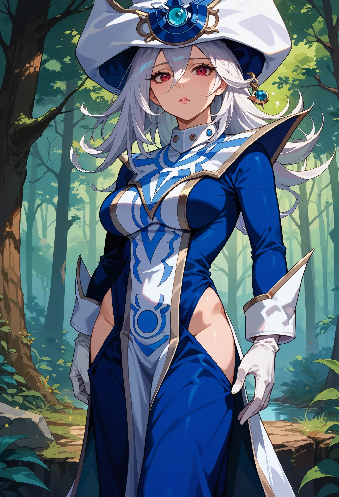 score_9, score_8_up, score_7_up, 1girl, solo, mature female, silentmagician, white hair, red eyes, wizard hat, blue dress, hip vent, long sleeves, white gloves, tabard, pelvic curtain, confused face, standing, magical background, mist, forest