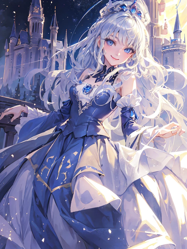 ((Highest quality)), ((masterpiece)), (detailed), Perfect Face, girl,(((A kind smile))), Silver Hair, Very long hair, Dark blue eyes, Data dress, A castle in the background, Princess