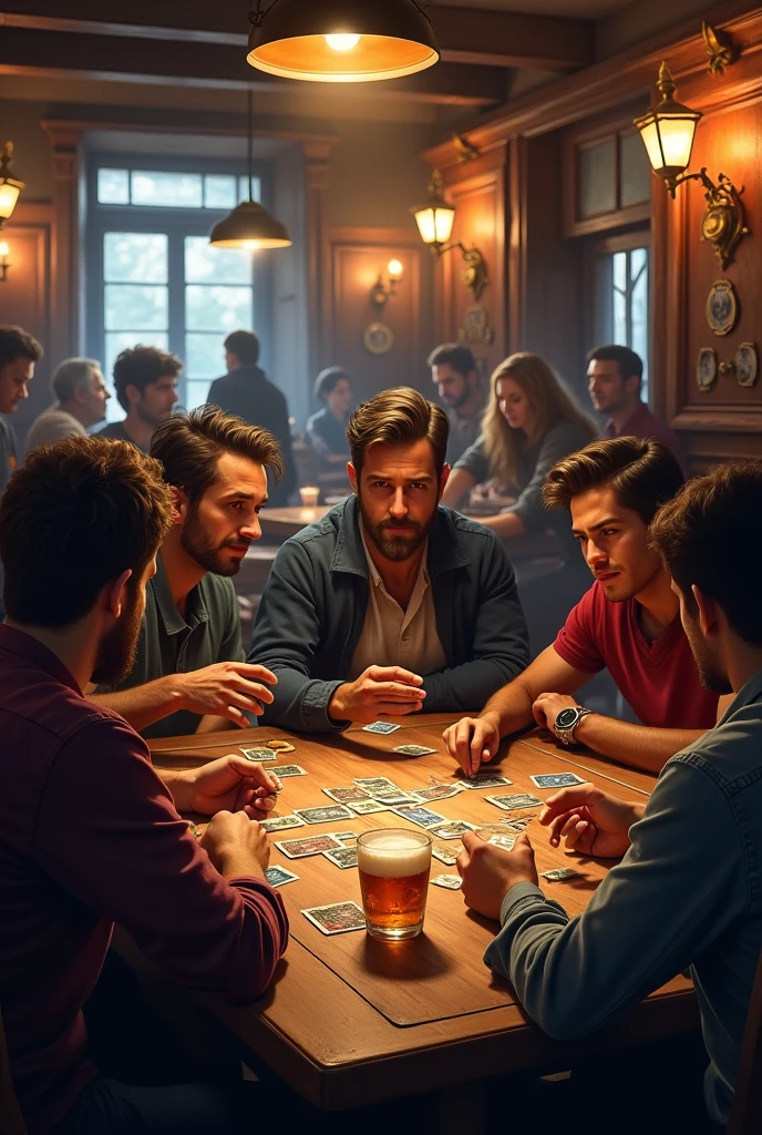 table, Card games, 4 players, Have fun, smile, Hand holding card, Warm lighting, Casual clothing, indoor, 木製table, drink, sweets