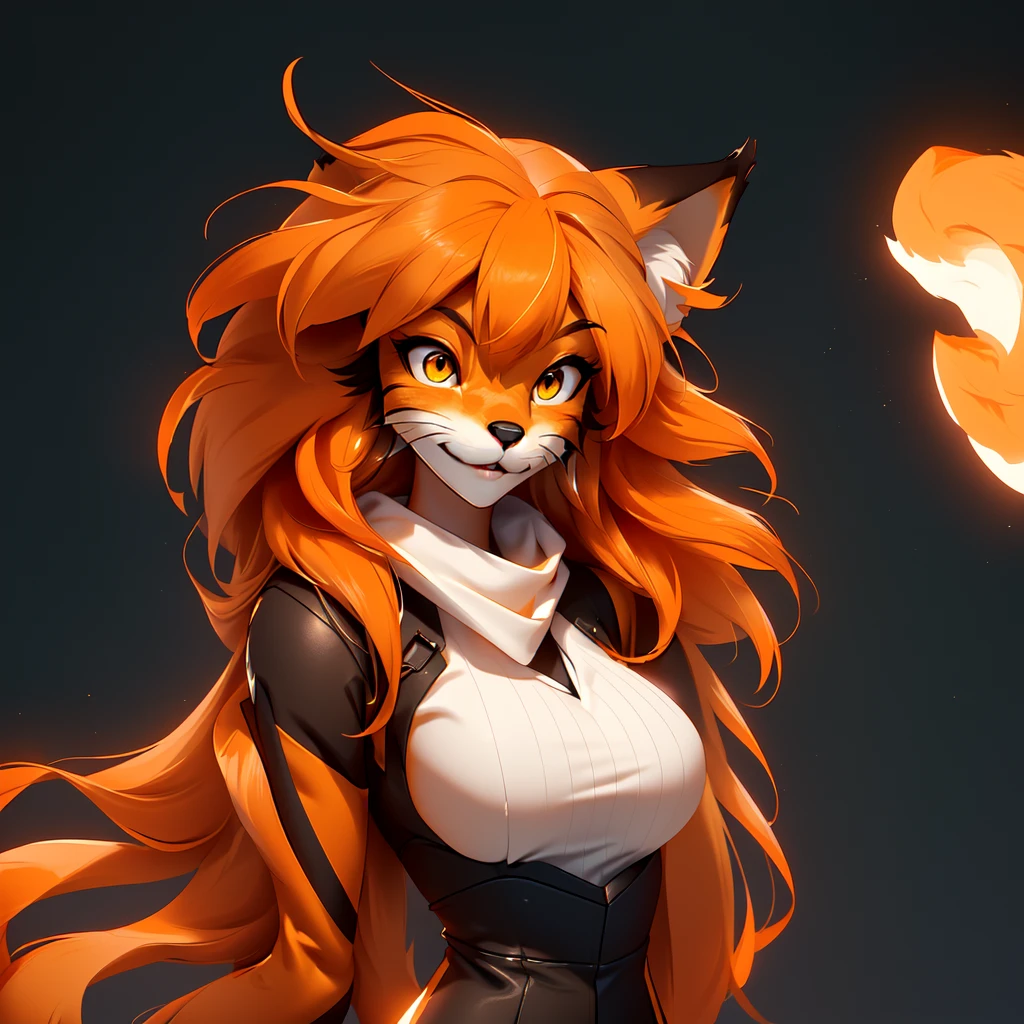 envision a 8k, highres, cinematic, beautiful extreme close up face Pinup of a cute furry fox female anthro, with a slender body, ((((furry body and face)))), big breasts, (fox girl), (((Orange hair))), long bangs, yellow eyes, Orange fur, white Fur, black fur, Black shirt, ((((1 Girl)))), ((Mike Twokinds)), in dark lighting, against a dark gray background