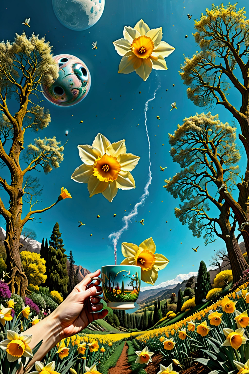 (((ultra realistic))) Photo, masterpiece, top quality, (trippy color scheme), (Ultra detailed surroundings:1.2)a surreal scene from an LSD trip, eyeball comet flying through the sky, ((giant daffodil flower like trees following its flightpath)), Lady Death drinking a cup of tea in the garden watching this spectacle, detailed fantasy, cinematic lighting, vibrant colors, psychedelic, dreamlike, highly detailed, intricate, mesmerizing, masterpiece, best quality, 8k, photorealistic