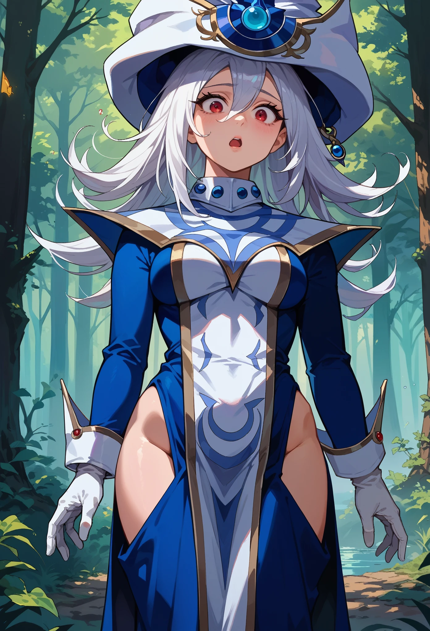 score_9, score_8_up, score_7_up, 1girl, solo, mature female, silentmagician, white hair, red eyes, wizard hat, blue dress, hip vent, long sleeves, white gloves, tabard, pelvic curtain, standing, shaking, surprised face, looking down, standing, magical background, mist, forest