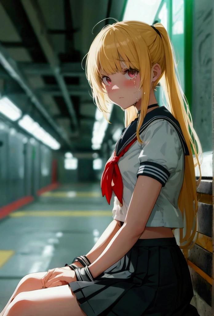 1 girl, (blushing, frightened, crying), tied to a chair, tied to a chair, (Short sleeve, mini skirt, sailor uniform), (inside the basement, metro), (wrist cuffs, Ankle cuffs, wrists tied, ankles bound), perfect body, detailed face, detailed eyes, whole body, the image was taken from afar, long blonde straight hair, skinny body, skinny legs, nylon stockings