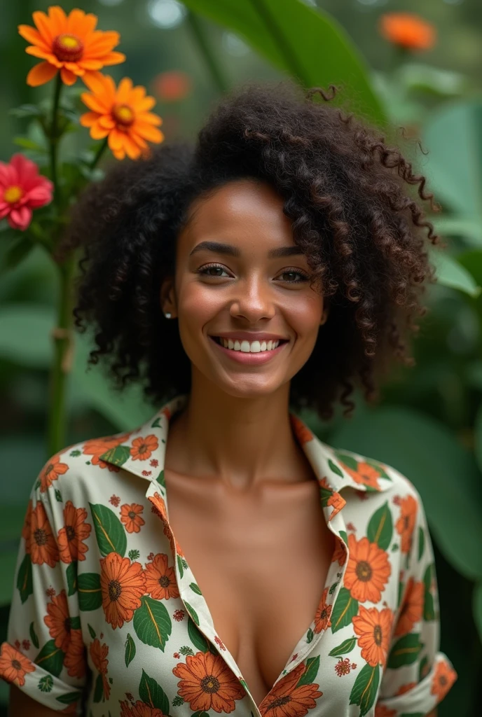 A Brazilian woman in a lush tropical garden, wearing an open shirt with a floral print, with a close-up capturing the harmonious beauty between her breasts and the natural flowers, showing off your natural charm and outgoing personality.