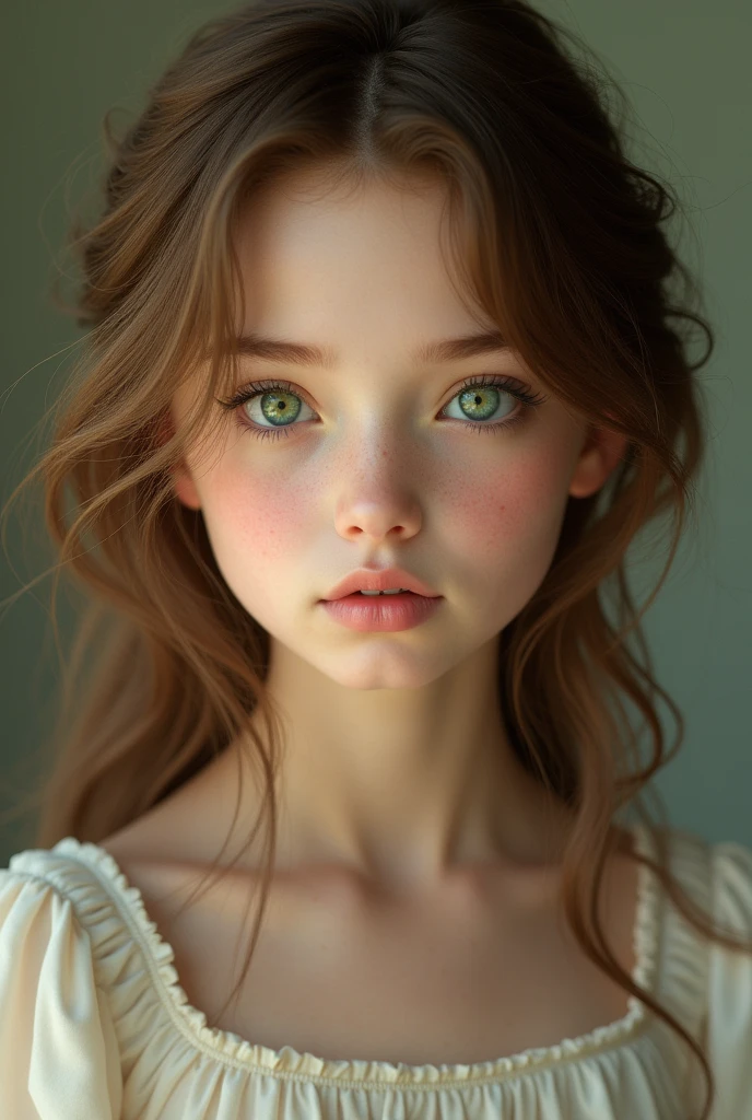 Generates a frontal portrait with lots of lighting of a very white-skinned girl with slightly large pink cheeks., with freckles, showing tenderness, big light blue eyes, small nose, full lips and small mouth, long eyelashes, eyebrows, long and bushy brown