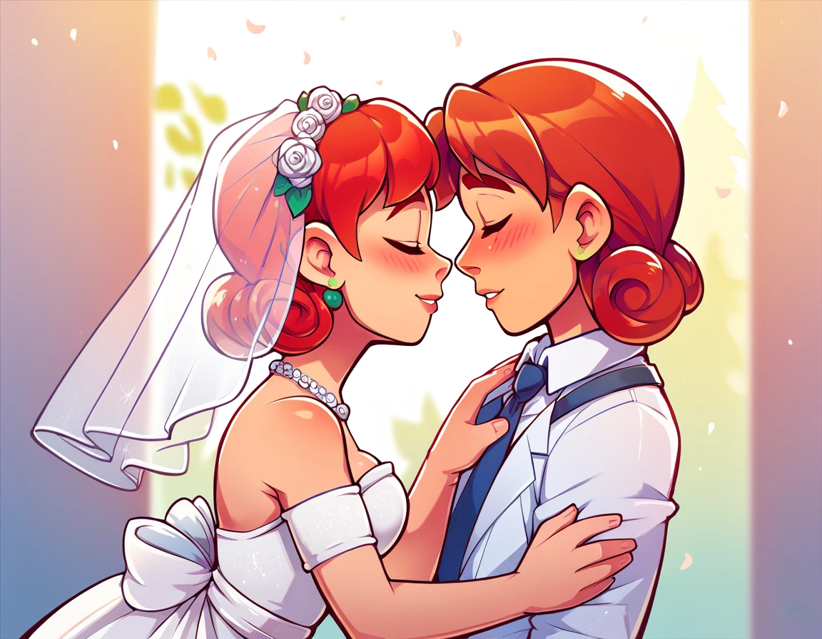 NSPennyStardew, short hair, red hair, curly hair, earrings, blush, smiles, closed eyes, wedding dress, beautiful dress