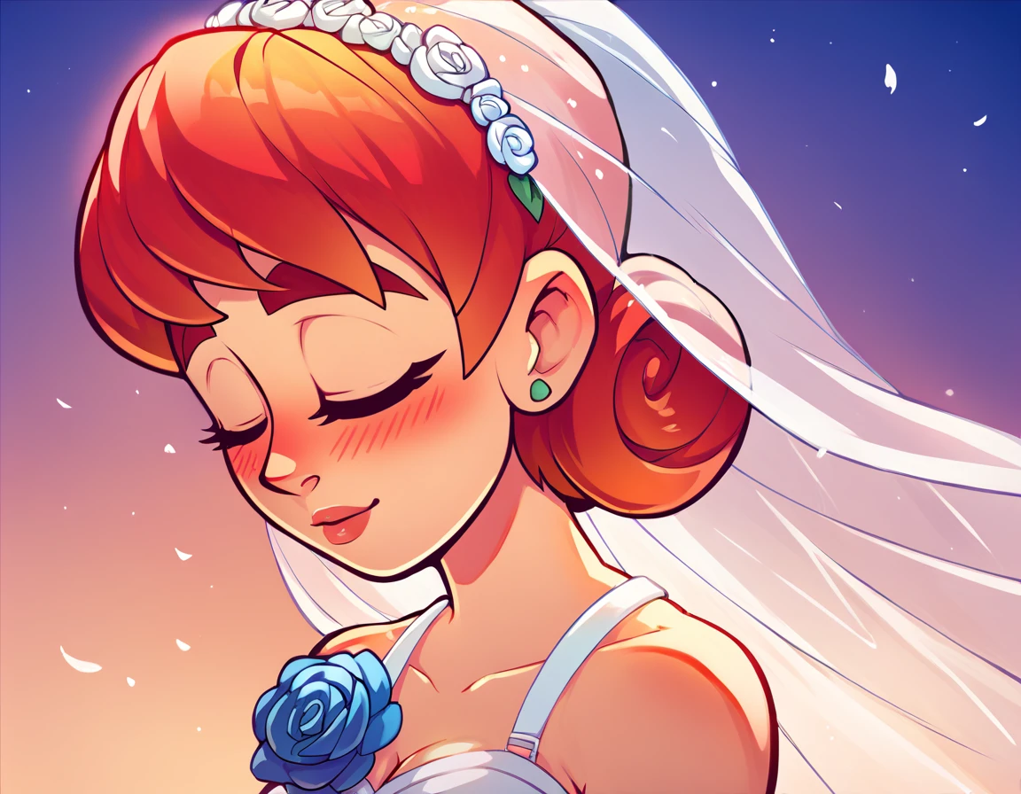 NSPennyStardew, short hair, red hair, curly hair, earrings, blush, smiles, closed eyes, wedding dress, beautiful dress