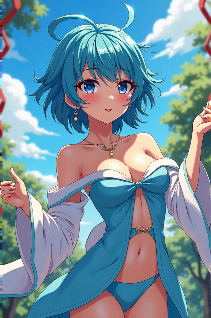 (masterpiece), (highest quality), (Super detailed), official art,Rem,Re:zero,one girl, blue hair,short hair , big breasts,Big, Green, gold and silver see-through dress, No sleeve, off shoulder, small, Very small, small, cleavage, thigh focus, Navel exposed, Bare skin of the lower half of the chest, deep-forest,Bed,