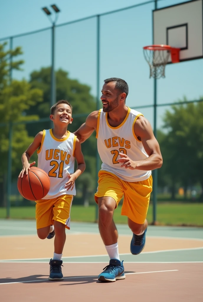 A boy playing basketball in forest 
