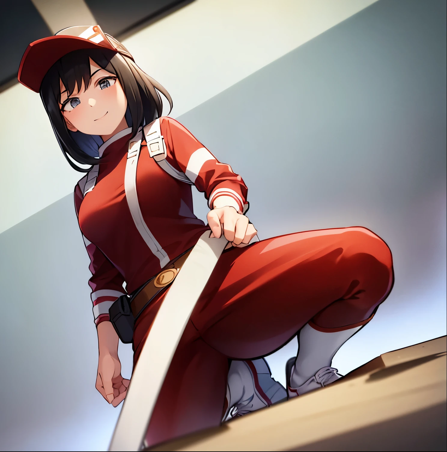 1girl, alone, yui kodai, artwork, black horse, medium hair, black eyes, smiling, embarrassed, mouth closed, teacher, best quality, (cap with visor: 1.2), (red and white jumpsuit: 1.2), long sleeves, belt, (red and white pants: 1.2), (white sneakers: 1.2) large breasts, medium waist, wide hips, medium thighs, round butt, white boots, kneeling, from behind, looking at viewer, point of view (from below ), perfect hands, perfect anatomy 