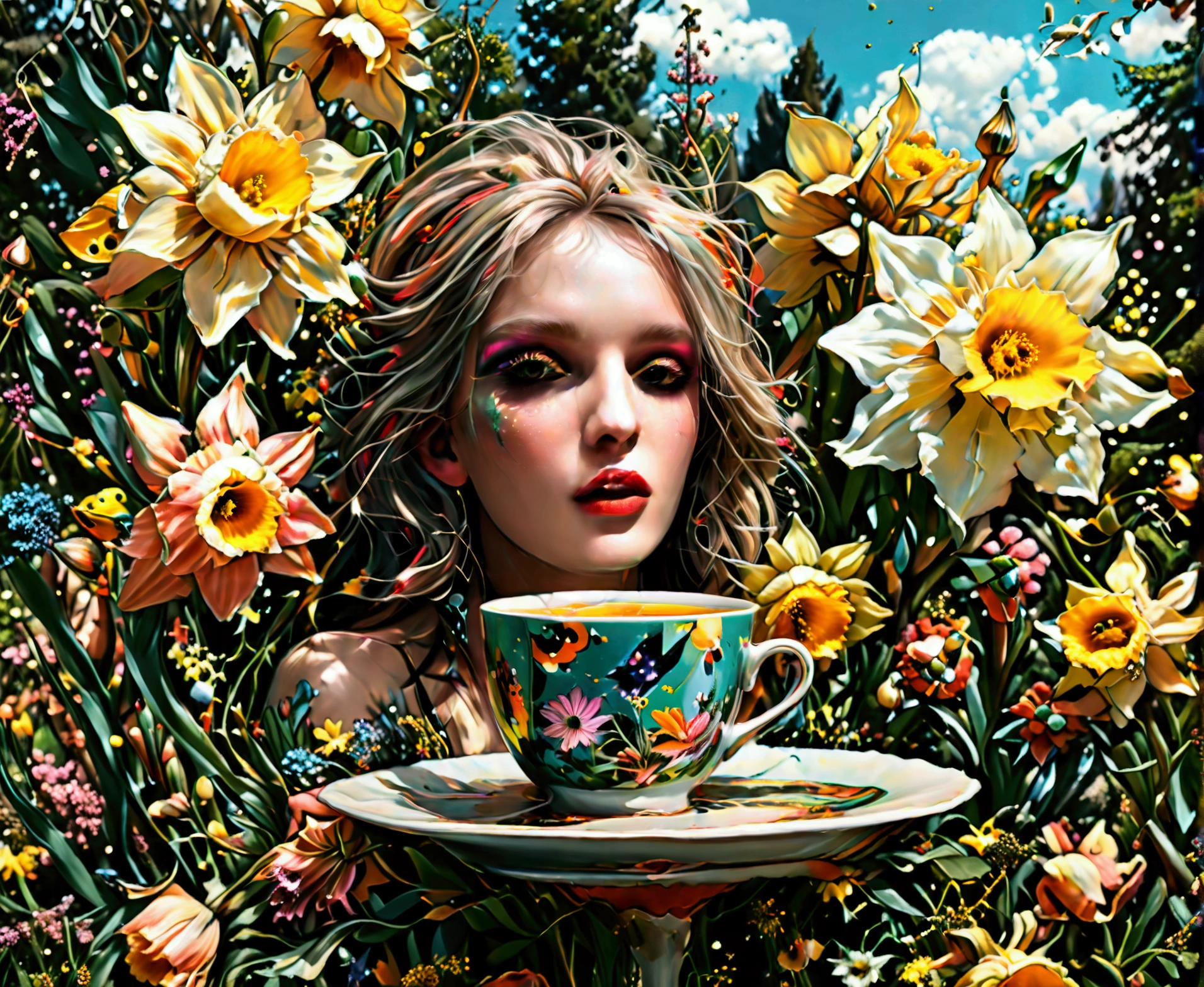 (((pop art))) Photo, masterpiece, top quality, (trippy color scheme), (Ultra detailed surroundings:1.2)a surreal scene from an LSD trip, eyeball comet flying through the sky, ((giant daffodil flower like trees following its flightpath)), Lady Death drinking a cup of tea in the garden watching this spectacle, detailed fantasy, cinematic lighting, vibrant colors, psychedelic, dreamlike, highly detailed, intricate, mesmerizing, masterpiece, best quality, 8k, photorealistic