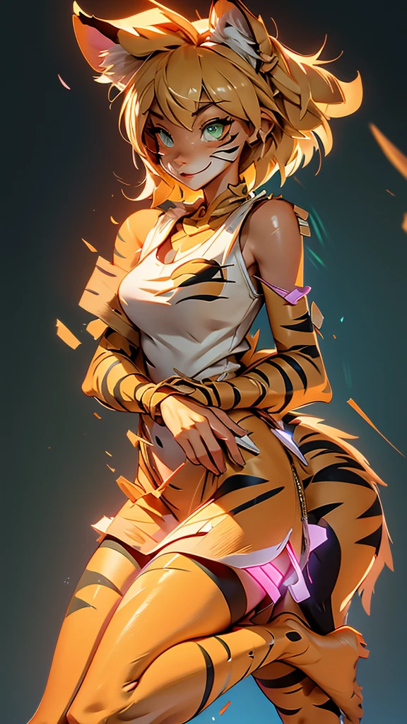 envision a 8k, highres, cinematic, beautiful semi realistic full body Pinup of a cute sexy furry female anthro, with a slender muscular body, fury skin, (((short blonde hair))), long bangs, green cat eyes, ((Pink Tiger Nose)), Orange and White Fur, Tiger Stripes, Tank Top, Pawed feet, long legs, plump body, plump butt, no pants, ((((1 Girl)))), ((Iris Twokinds)), in dark lighting, against a dark gray background