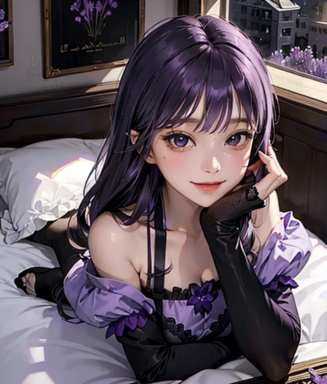 1girl, There hoshino_(Oshi no Ko), centered girl, perfectly body, perfectly hands, solo, jewelry, holding a stuffed toy rabbit, white roses, ornament hair, twintails, rabbit jewel on her hair, purple hair, long hair, seat on a bed, white dress, pink gloves, idol dress, oriental architecture, traditional Japanese design home, japanese style, dress, more details on her clothes, golden details, night, smiling, a black note on her hand