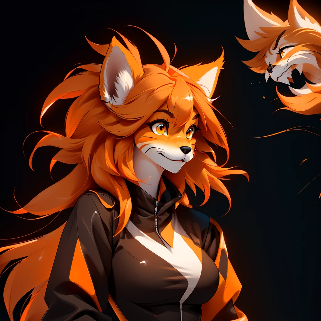 envision a 8k, highres, cinematic, beautiful extreme close up face Pinup of a cute furry fox female anthro, with a slender body, ((((furry body and face)))), big breasts, (fox girl), (((Orange hair))), long bangs, yellow eyes, Orange fur, white Fur, black fur, Black shirt, ((((1 Girl)))), ((Mike Twokinds)), in dark lighting, against a dark gray background