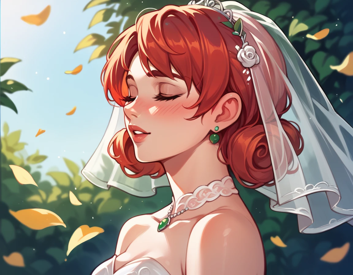 NSPennyStardew, short hair, red hair, curly hair, earrings, blush, smiles, closed eyes, wedding dress, beautiful dress, alone