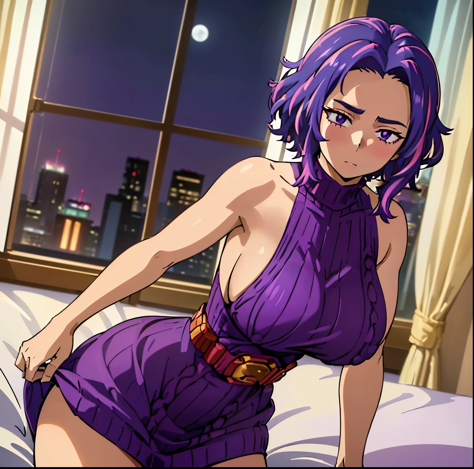 1 girl, alone, lady nagant, (masterpiece, best quality, ultra detailed, beautiful illustration), atmospheric perspective, depth of field, dynamic pose, curvy body, looking at viewer, (beautiful detailed eyes), detailed eyes, ( cowboy shot), sexy body, (interior, apartment, moon, metropolis, japan, night), 1 girl, neutral expression, mature woman, (huge breasts, medium waist, wide hips, medium thighs, round butt), Nagant, purple hair, purple eyes, multicolored hair, short hair, highlighted hair, pink hair, medium hair, two-color hair,((dark purple sweater dress:1.4)), ((ribbed sweater:1.3)),((bare back: 1.2)), sleeveless, bare legs, (hands on waist: 1.2)), slight blush, (standing_), thighs, bright pupils, white pupils, bangs, looking back, from behind, ((focus on the rear:1.4)),pov(from below),(inside a casino:1.5, leaning on a bed:1.5, apartment view:1.5, window:1.3,city lights:1.5), perfect hands , perfect anatomy,