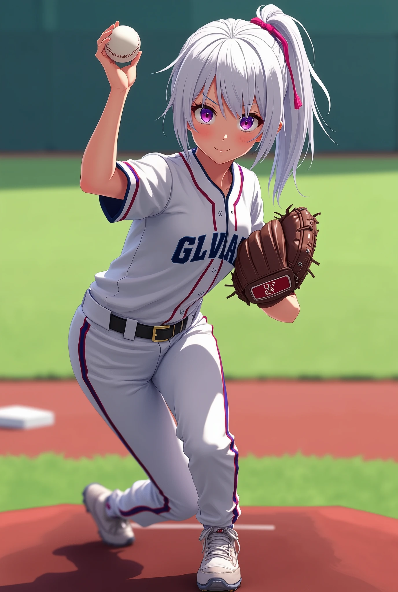 white hair 、Purple Eyes、girl、High school student、single ponytail、Baseball Pitcher