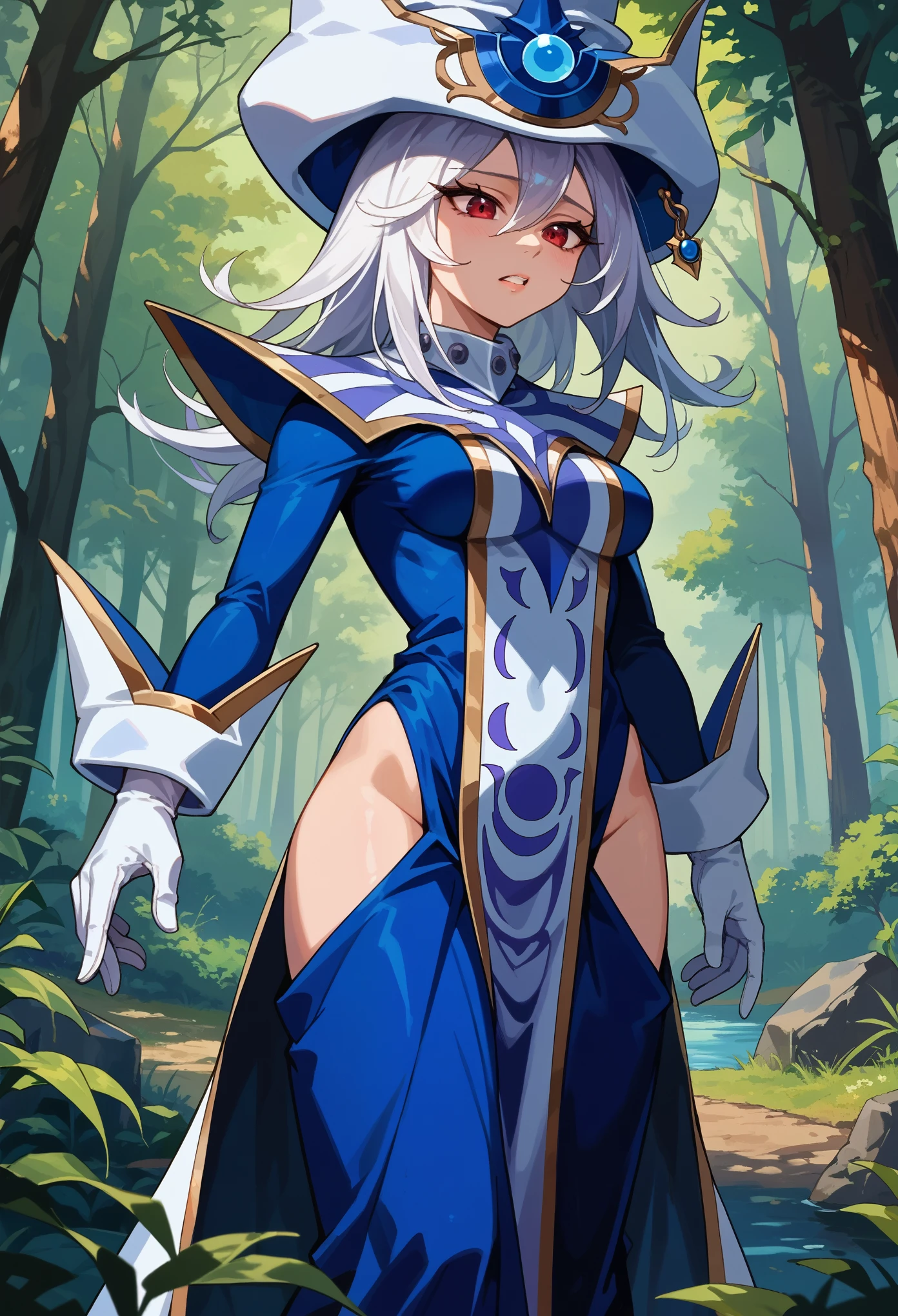 score_9, score_8_up, score_7_up, 1girl, solo, medium breasts, silentmagician, white hair, red eyes, wizard hat, blue dress, hip vent, long sleeves, white gloves, tabard, pelvic curtain, standing, shaking, shockedd face, teeth, looking down, standing, magical background, mist, forest