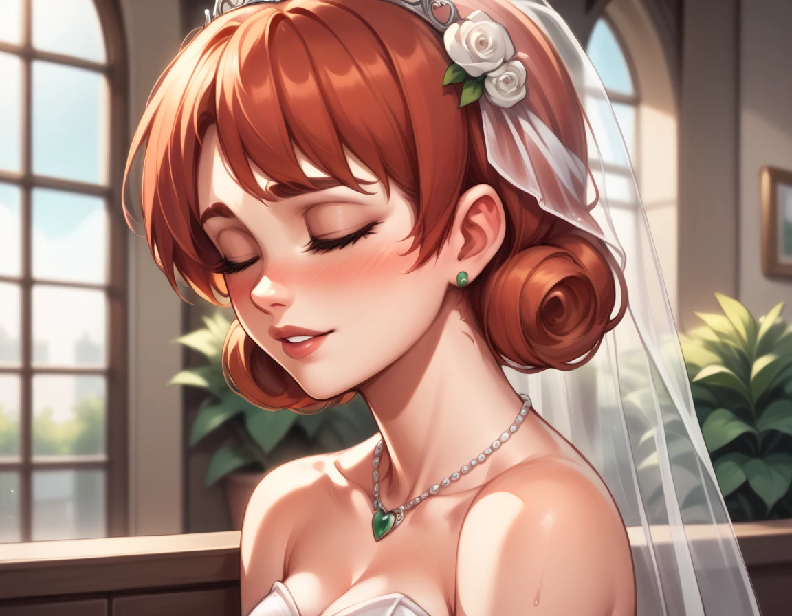 NSPennyStardew, short hair, red hair, curly hair, earrings, blush, smiles, closed eyes, wedding dress, beautiful dress, alone