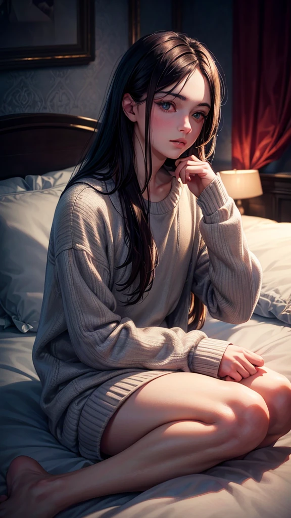 1girl, long shot, from above, full body, lying on bed, (knees together feet apart:1.1)