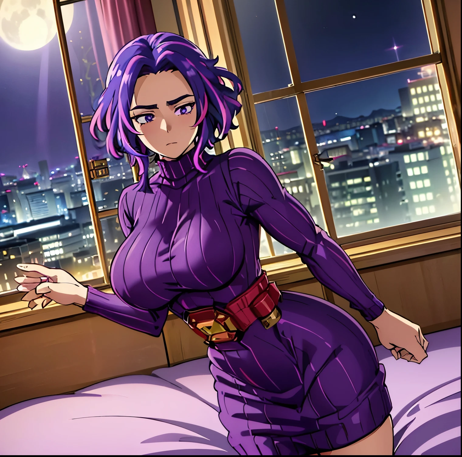 1 girl, alone, lady nagant, (masterpiece, best quality, ultra detailed, beautiful illustration), atmospheric perspective, depth of field, dynamic pose, curvy body, looking at viewer, (beautiful detailed eyes), detailed eyes, ( cowboy shot), sexy body, (interior, apartment, moon, metropolis, japan, night), 1 girl, neutral expression, mature woman, (huge breasts, medium waist, wide hips, medium thighs, round butt), Nagant, purple hair, purple eyes, multicolored hair, short hair, highlighted hair, pink hair, medium hair, two-color hair,((dark purple sweater dress:1.4)), ((ribbed sweater:1.3)),((bare back: 1.2)), sleeveless, bare legs, (hands on waist: 1.2)), slight blush, (standing_), thighs, bright pupils, white pupils, bangs, looking back, from behind, ((focus on the rear:1.4)),pov(from below),(inside a casino:1.5, leaning on a bed:1.5, apartment view:1.5, window:1.3,city lights:1.5), perfect hands , perfect anatomy,