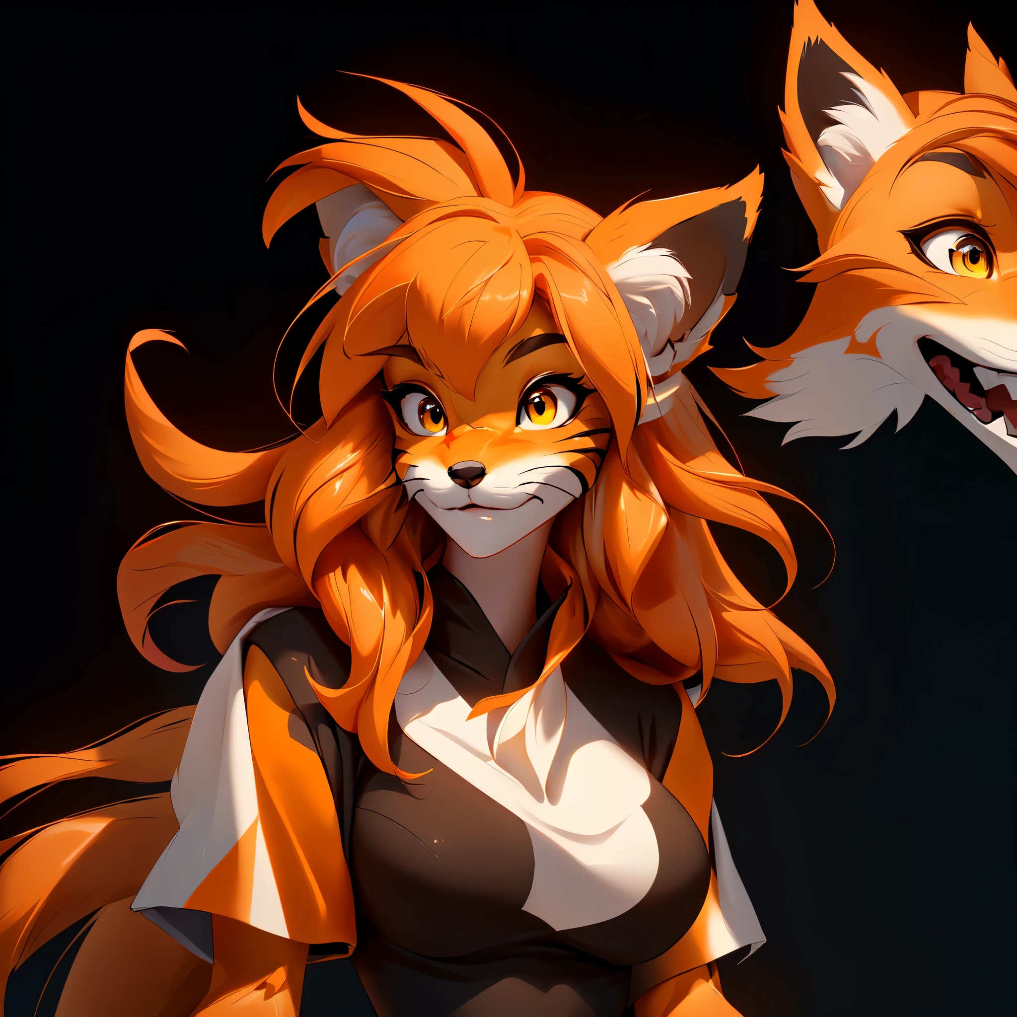 envision a 8k, highres, cinematic, beautiful extreme close up face Pinup of a cute furry fox female anthro, with a slender body, ((((furry body and face)))), big breasts, (fox girl), (((Orange hair))), long bangs, yellow eyes, Orange fur, white Fur, black fur, Black shirt, ((((1 Girl)))), ((Mike Twokinds)), in dark lighting, against a dark gray background