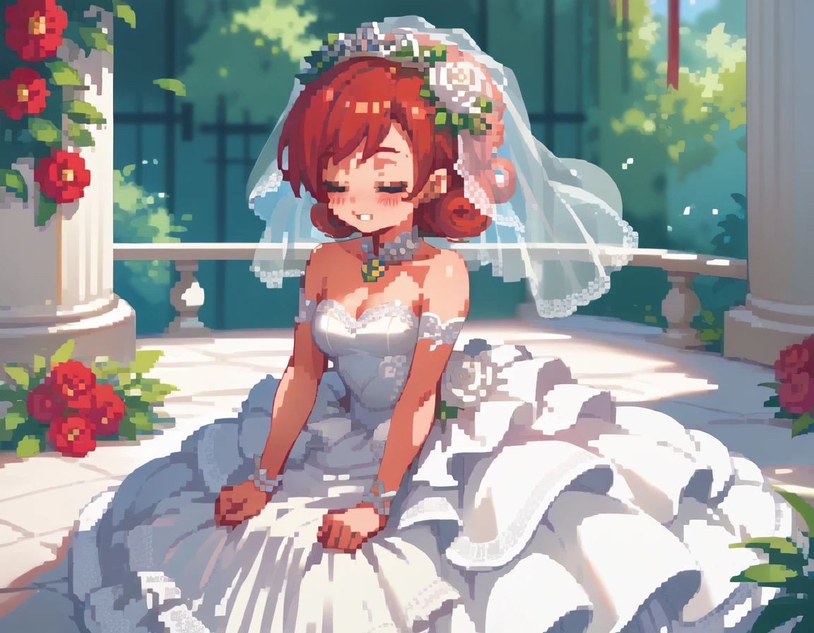 NSPennyStardew, short hair, red hair, curly hair, earrings, blush, smiles, closed eyes, wedding dress, beautiful dress, alone