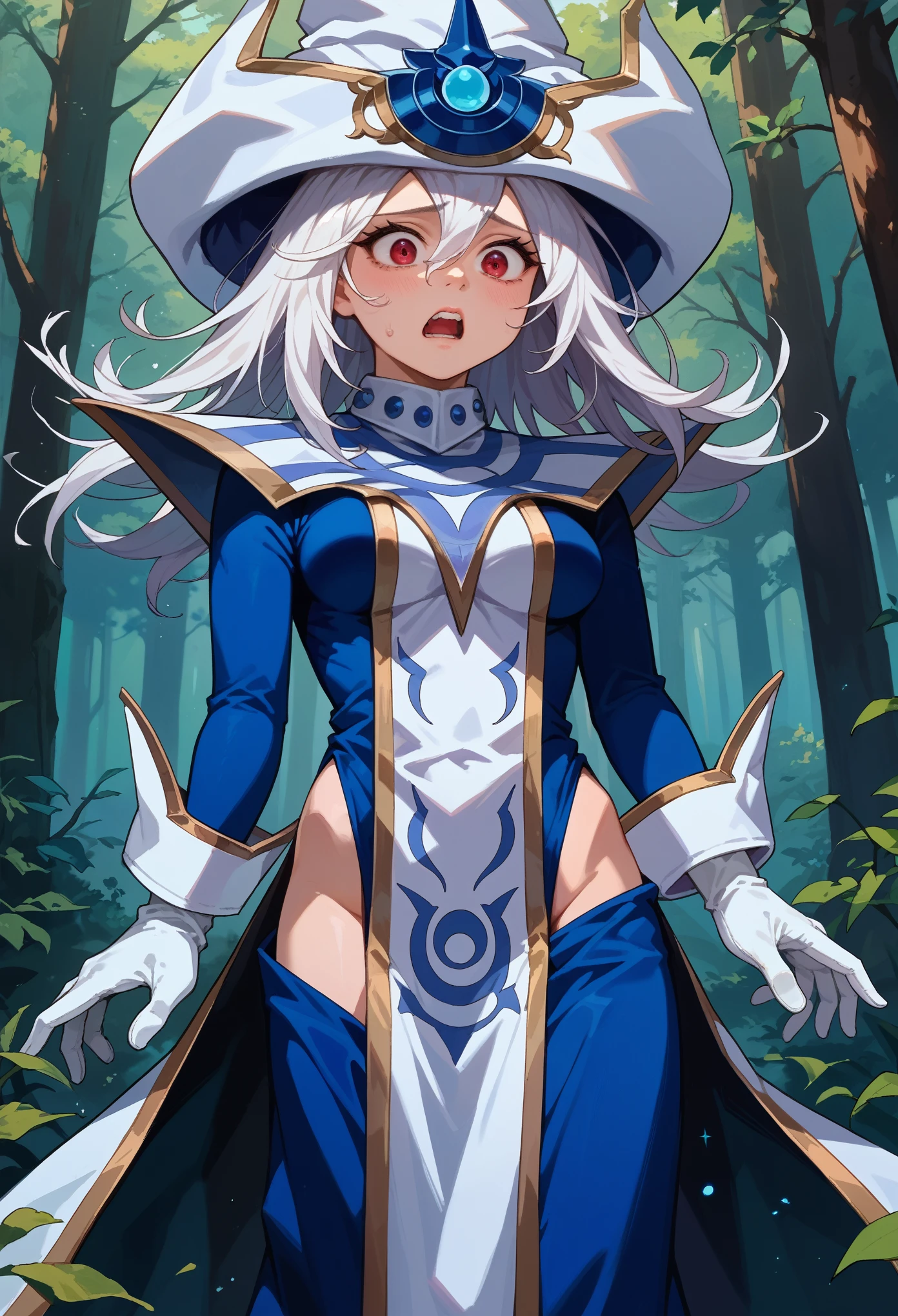 score_9, score_8_up, score_7_up, 1girl, solo, medium breasts, silentmagician, white hair, red eyes, wizard hat, blue dress, hip vent, long sleeves, white gloves, tabard, pelvic curtain, standing, shaking, shocked face, teeth, looking down, standing, magical background, mist, forest