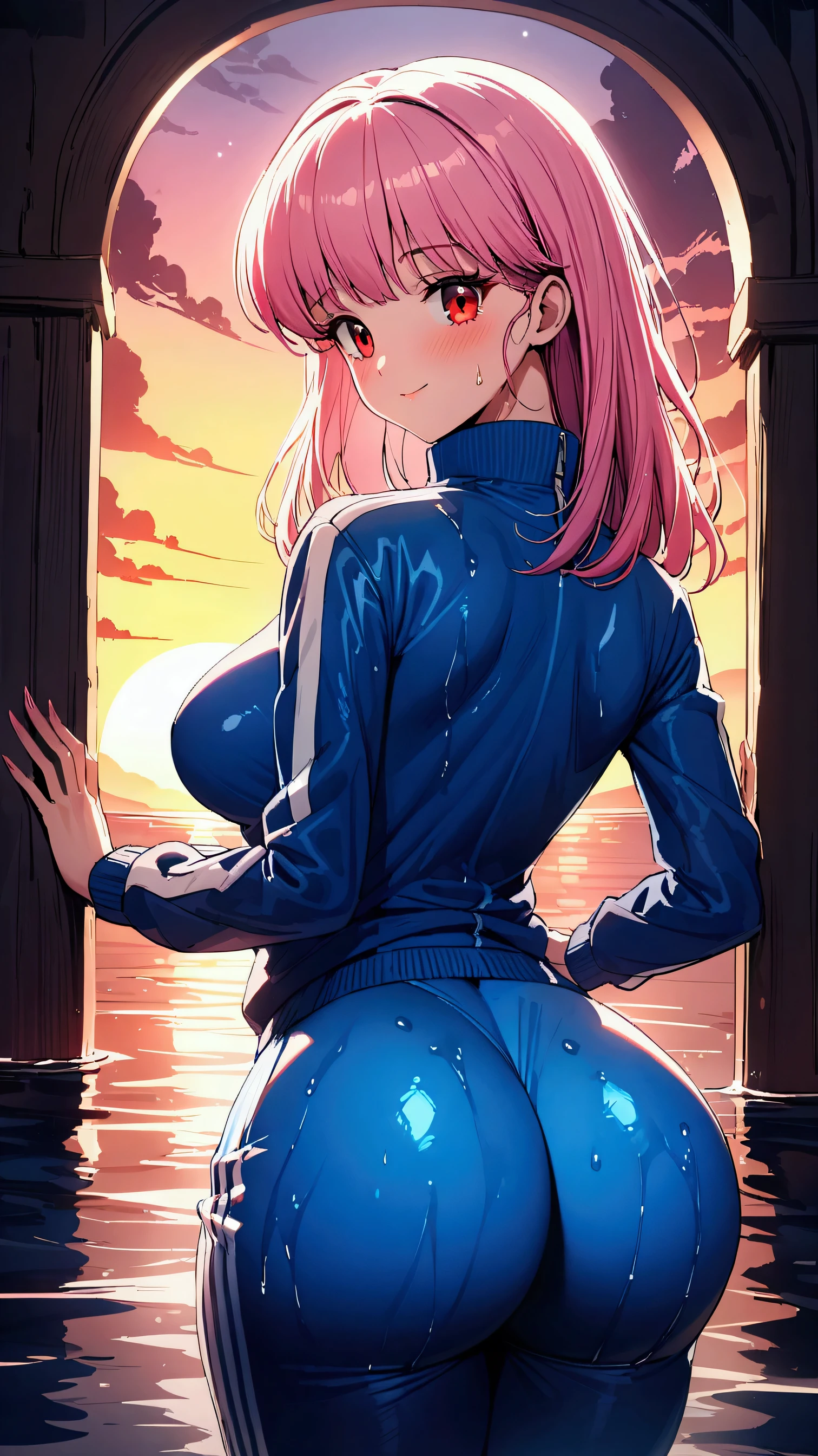 masterpiece, Highest quality, Ultra-high resolution, (beautiful girl: 1.3), Straight Hair,Pink Hair,10th Generation,Big eyes, (Blue sweatpants:1.3), (The jacket is a blue track jacket.: 1.3),(big hips),Glowing Skin,A light smile,Fujisaki Shiori,Rear view,Red Eyes,The sunset is dazzling when you enter the waterway,Wet,sunset reflection,(skin tight:1.3),Ass close up