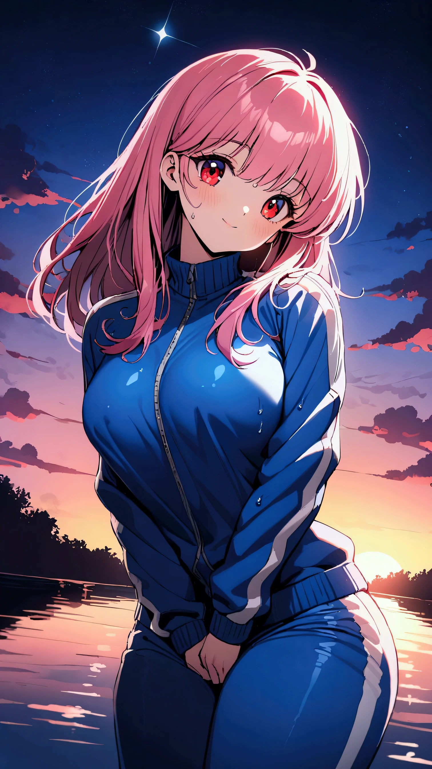 masterpiece, Highest quality, Ultra-high resolution, (beautiful girl: 1.3), Straight Hair,Pink Hair,10th Generation,Big eyes, (Blue sweatpants:1.3), (The jacket is a blue track jacket.: 1.3),(big hips),Glowing Skin,A light smile,Fujisaki Shiori,Rear view,Red Eyes,The sunset is dazzling when you enter the waterway,Wet,sunset reflection,(skin tight:1.3),head tilt