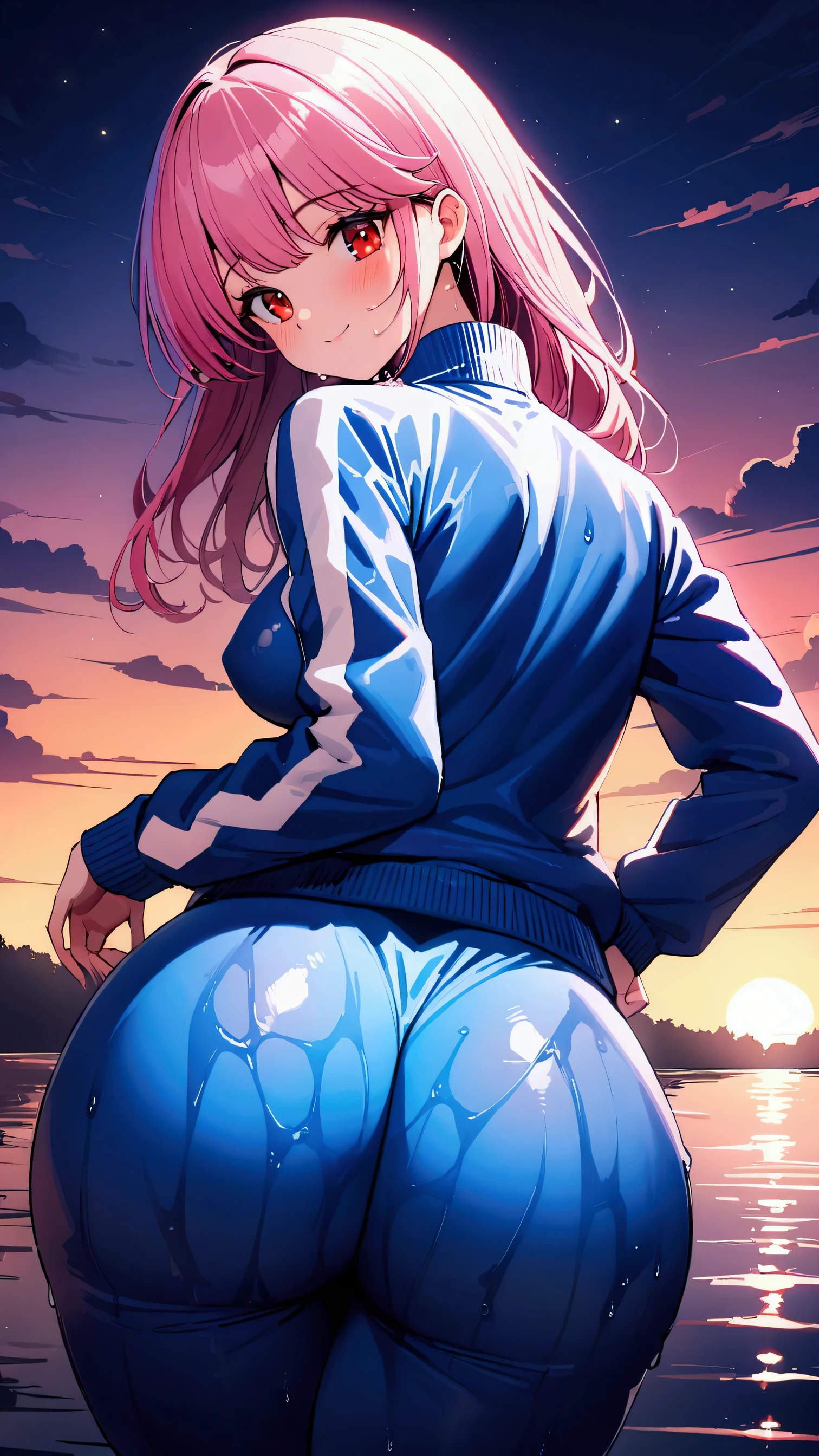 masterpiece, Highest quality, Ultra-high resolution, (beautiful girl: 1.3), Straight Hair,Pink Hair,10th Generation,Big eyes, (Blue sweatpants:1.3), (The jacket is a blue track jacket.: 1.3),(big hips),Glowing Skin,A light smile,Fujisaki Shiori,Rear view,Red Eyes,The sunset is dazzling when you enter the waterway,Wet,sunset reflection,(skin tight:1.3),Ass close up