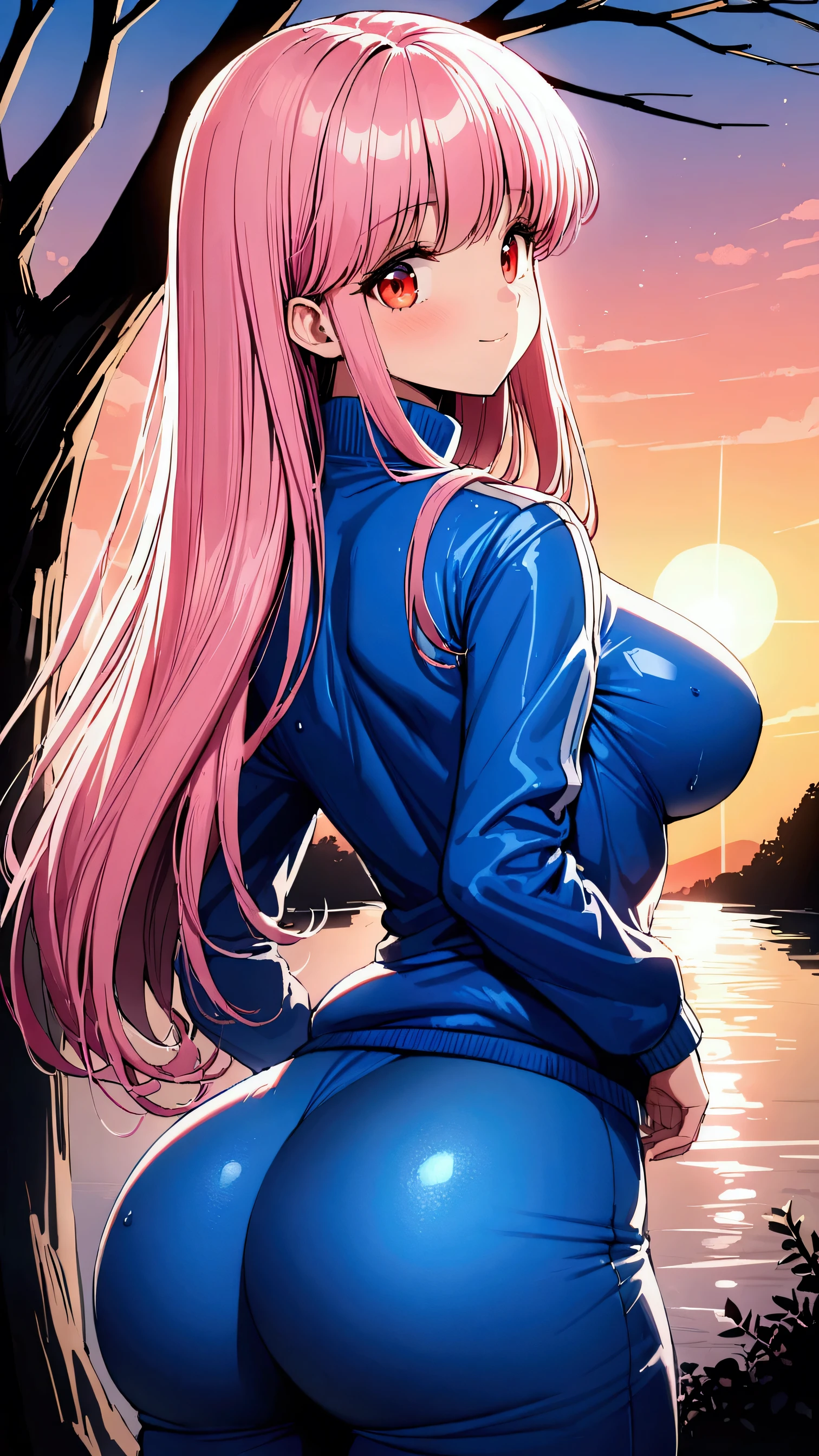 masterpiece, Highest quality, Ultra-high resolution, (beautiful girl: 1.3), Straight Hair,Pink Hair,10th Generation,Big eyes, (Blue sweatpants:1.3), (The jacket is a blue track jacket.: 1.3),((big hips)),Glowing Skin,A light smile,Fujisaki Shiori,Rear view,Red Eyes,The sunset is dazzling when you enter the waterway,Wet,sunset reflection,(skin tight:1.3),Ass close up,She is standing under a big tree.