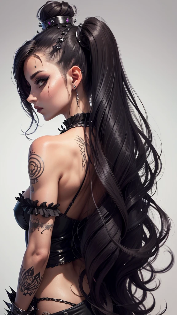 All intrincate details: "A side view illustration of Csilla, A 1 with a body identical to Priscilla Ricart with a distinctive combination of punk and gothic style. In this view, Csilla&#39;s long wavy blue hair can be seen falling to one side, showing her two braids adorned with large bows and silver flower-shaped brooches. His deep blue eyes are visible from the side, keeping a serene and melancholic look. She is wearing a white blouse with lace and sheer details., with a wide V-neckline adorned with a black cross. Her black miniskirt with a decorative belt, which includes pendants such as a crescent moon shaped amulet, It is also visible from the side. Csilla&#39;s legs show a black fishnet stocking on one leg and a white bandage with a black cross on the other.. She is wearing black fingerless gloves, with one of them featuring a mesh design, and black shoes with buckles, combined with white socks with ruffles. The background is a futuristic cityscape, but the focus is on Csilla&#39;s side profile, capturing its unique and detailed appearance, ((50% nude))"