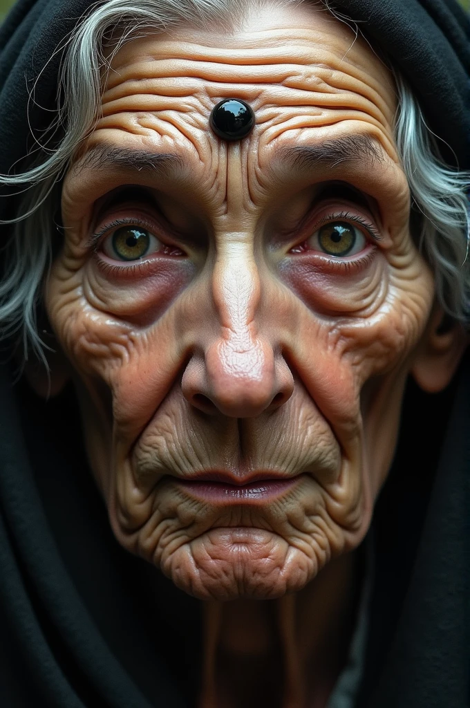 old woman with crochet needles in her face