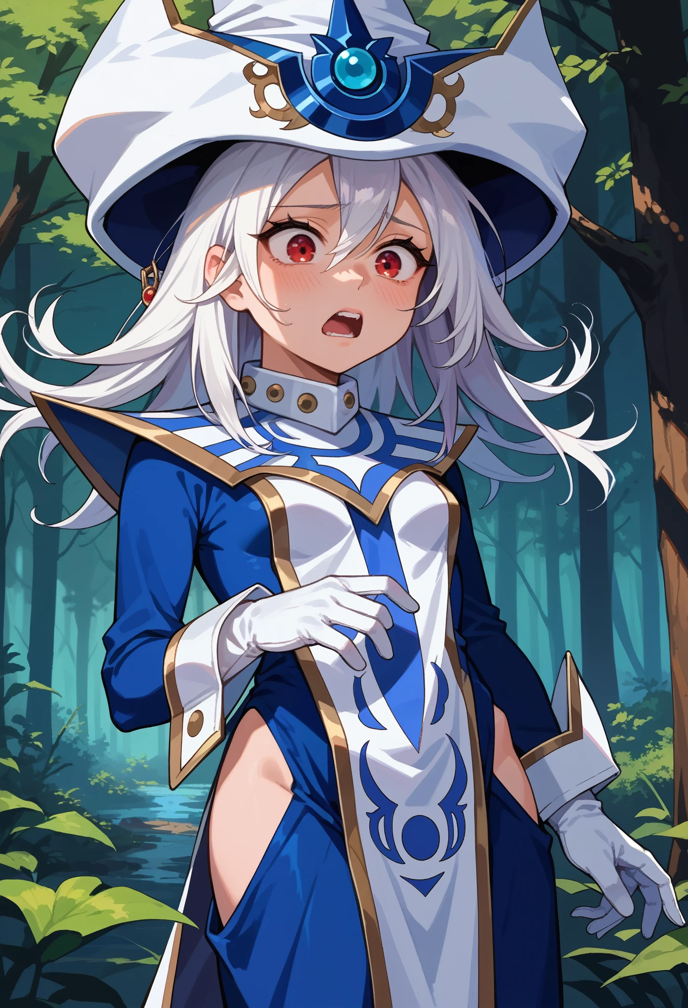 score_9, score_8_up, score_7_up, 1girl, solo, teenager, teen aspect, small breasts, silentmagician, white hair, red eyes, wizard hat, blue dress, hip vent, long sleeves, white gloves, tabard, pelvic curtain, standing, shaking, shocked face, teeth, looking down, standing, magical background, mist, forest