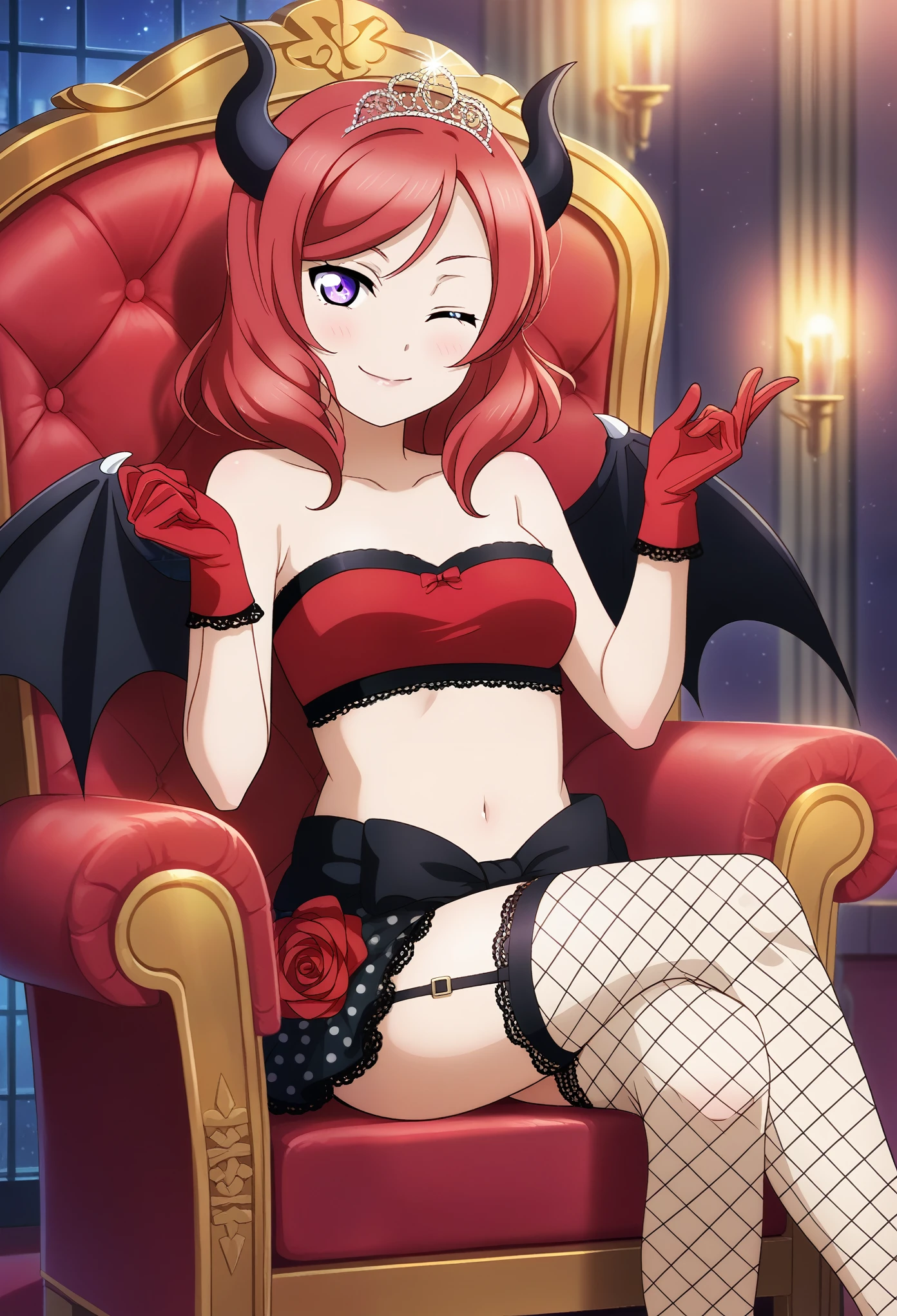 masterpiece, best quality,8k wallpaper, nishikino maki,red hair, medium hair, purple ,blush ,solo , polka dot tube top, lace trimmed top, rose printed skirt, garter straps, fishnet thighhighs,red gloves ,fake black demon horns, small fake bat wings ,(smile:0.6), indoors , tiara, sitting on throne, crossed legs, night, medium breasts , midriff , seductive wink